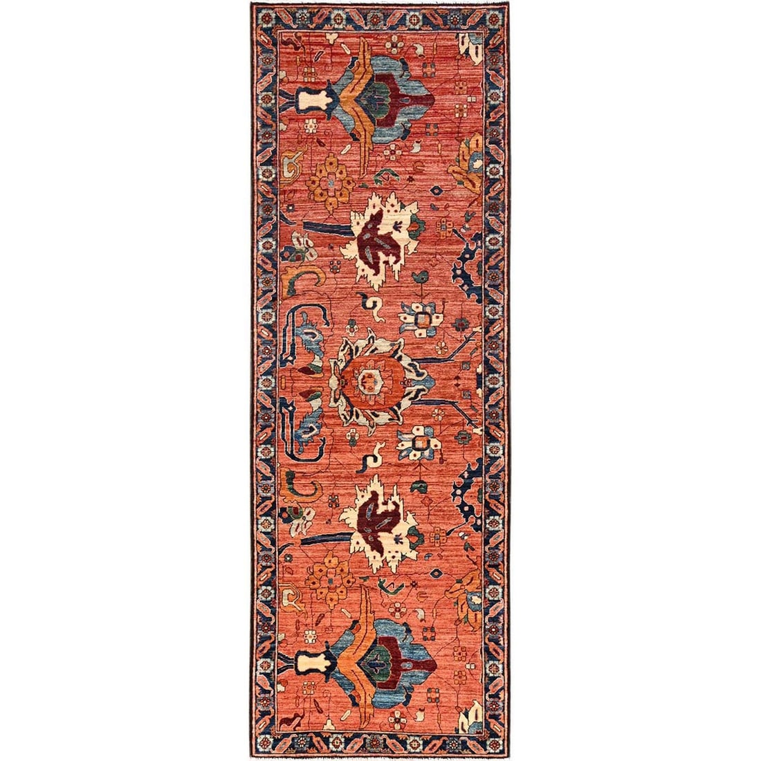 Runner 3'3"x9'9" Orange Antiqued Heris Flower Design Rug Hand Knotted Wool: Runner 3'3"x9'9" Orange Antiqued Heris Flower Design Rug Hand Knotted Wool Experience the vibrant beauty of traditional Afghan craftsmanship with this stunning 3'3"x9'9" hand-knotted wool runner,