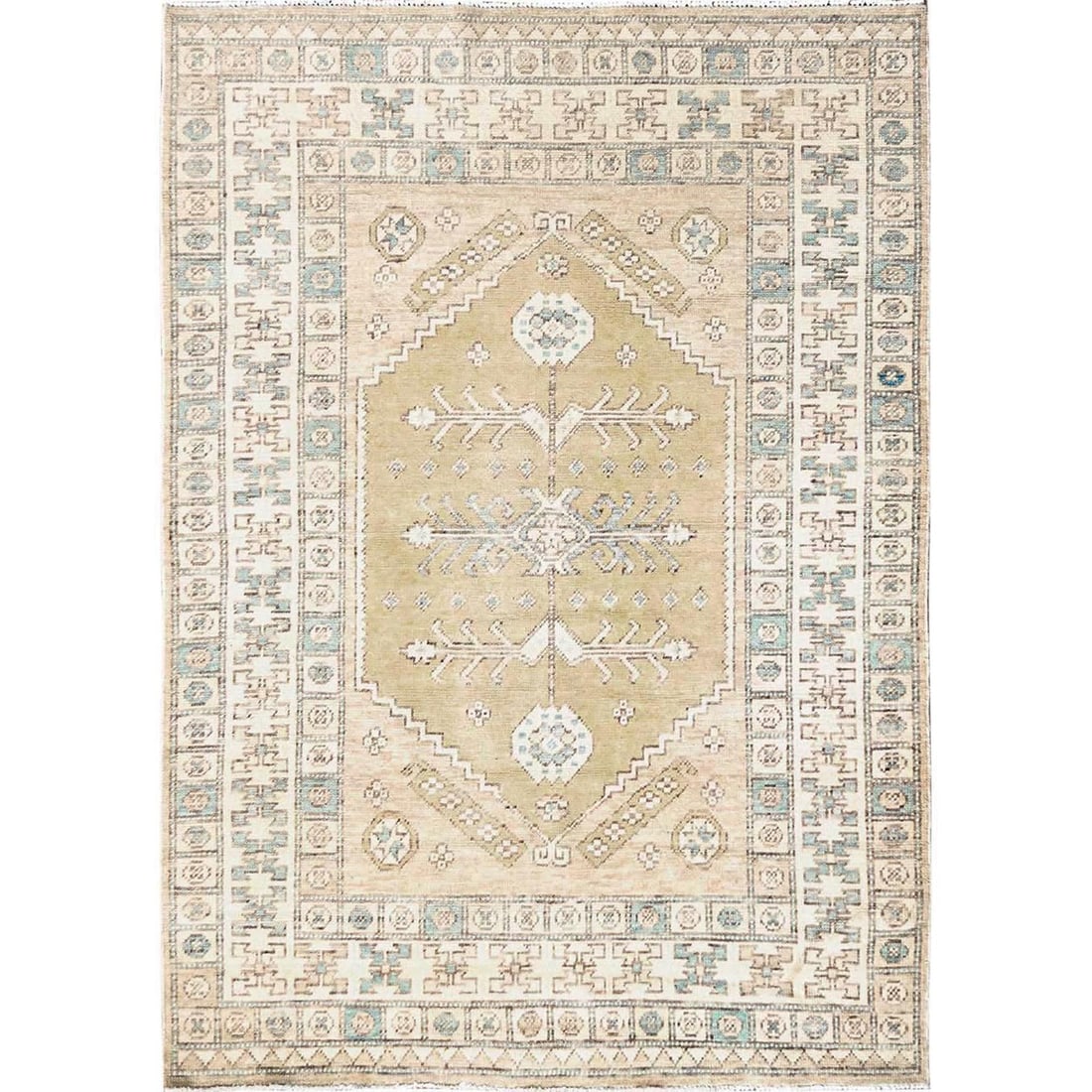 Rug 4'10"x6'10" Beige Anatolian Village Design Zero Pile Hand Knotted Wool: Rug 4'10"x6'10" Beige Anatolian Village Design Zero Pile Hand Knotted Wool Experience the rich beauty of traditional Anatolian design in this stunning, hand-knotted wool rug from Afghanistan. Measurin