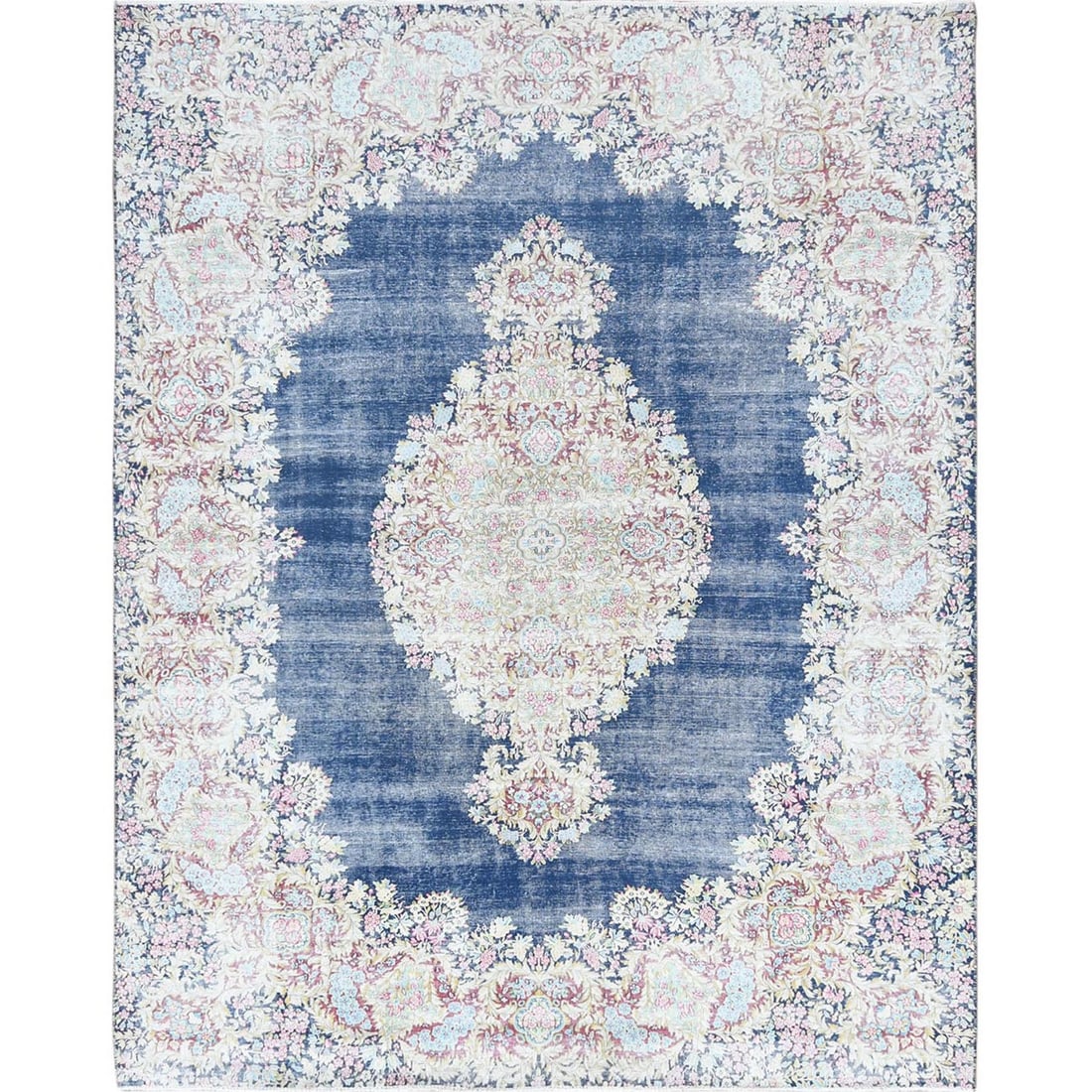 Rug - 8'6"x11'2" Worn Wool - Hand Knotted - Blue - Vintage Farsian Karman: Rug - 8'6"x11'2" Worn Wool - Hand Knotted - Blue - Vintage Farsian Karman Experience the rich history and craftsmanship of Turkey with this stunning vintage Farsian Karman rug, hand-knotted from worn