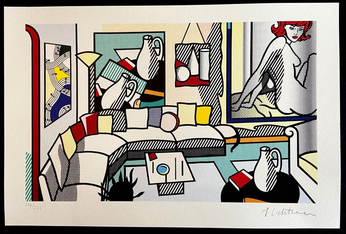 Numbered Roy Lichtenstein Lithograph: Numbered Roy Lichtenstein Lithograph Experience the iconic style of Roy Lichtenstein with this 1986 lithograph, "Interior, perfect jug", signed and numbered by the artist. Printed in collaboration wit