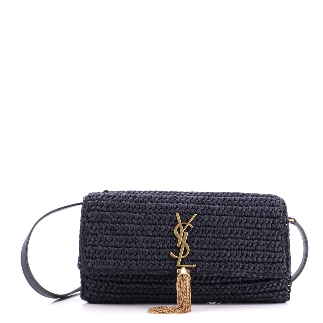 Saint Laurent Kate 99 Tassel Flap Bag in Woven Raffia Medium: Saint Laurent Kate 99 Tassel Flap Bag in Woven Raffia Medium The Saint Laurent Kate 99 Tassel Flap Bag in Woven Raffia Medium is a stunning, all-black accessory that exudes effortless chic. With its s