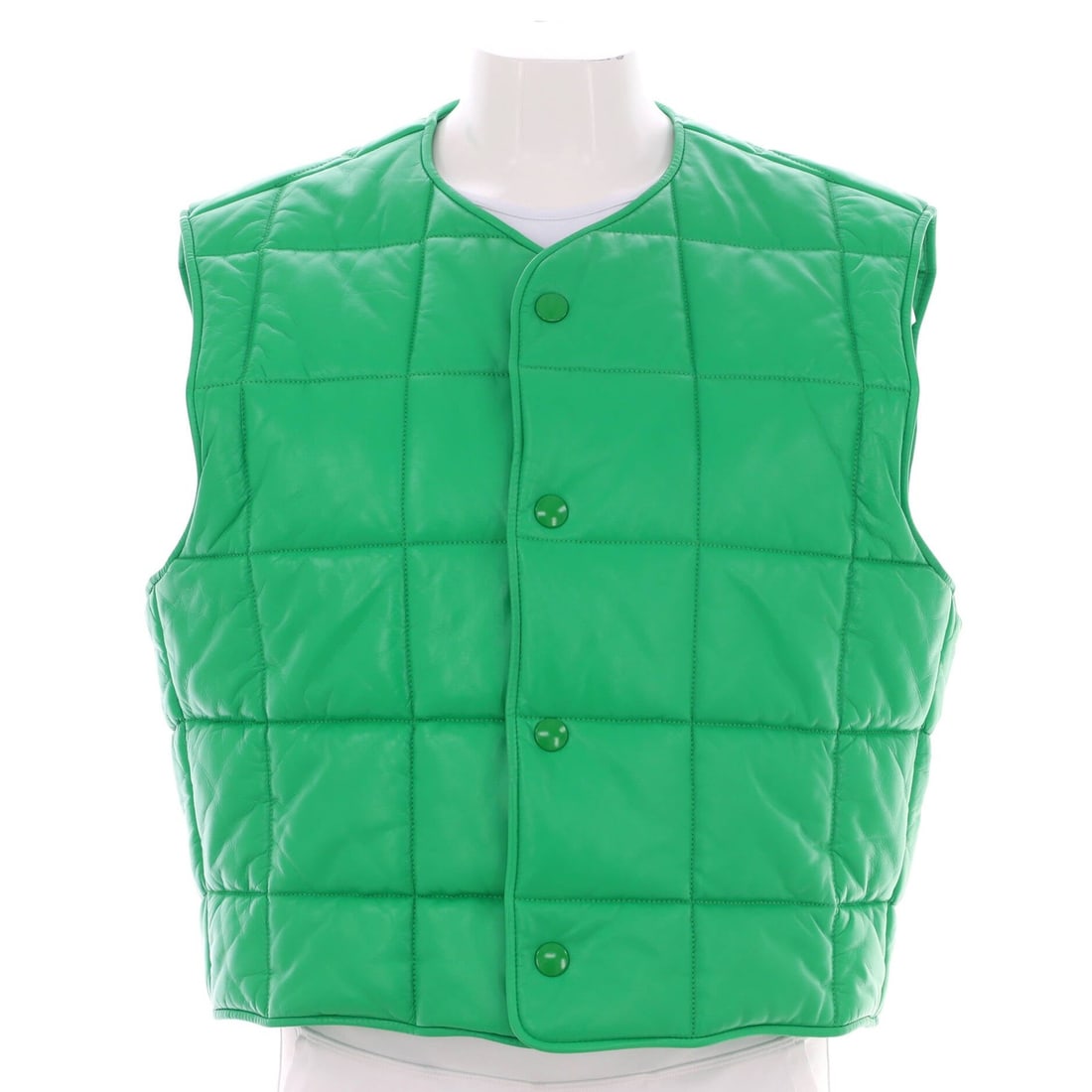 Bottega Veneta Women's Cropped Button-Up Vest in Quilted Leather: Bottega Veneta Women's Cropped Button-Up Vest in Quilted Leather Elevate your wardrobe with the Bottega Veneta Women's Cropped Button-Up Vest, crafted from rich quilted leather in a vibrant green hue.