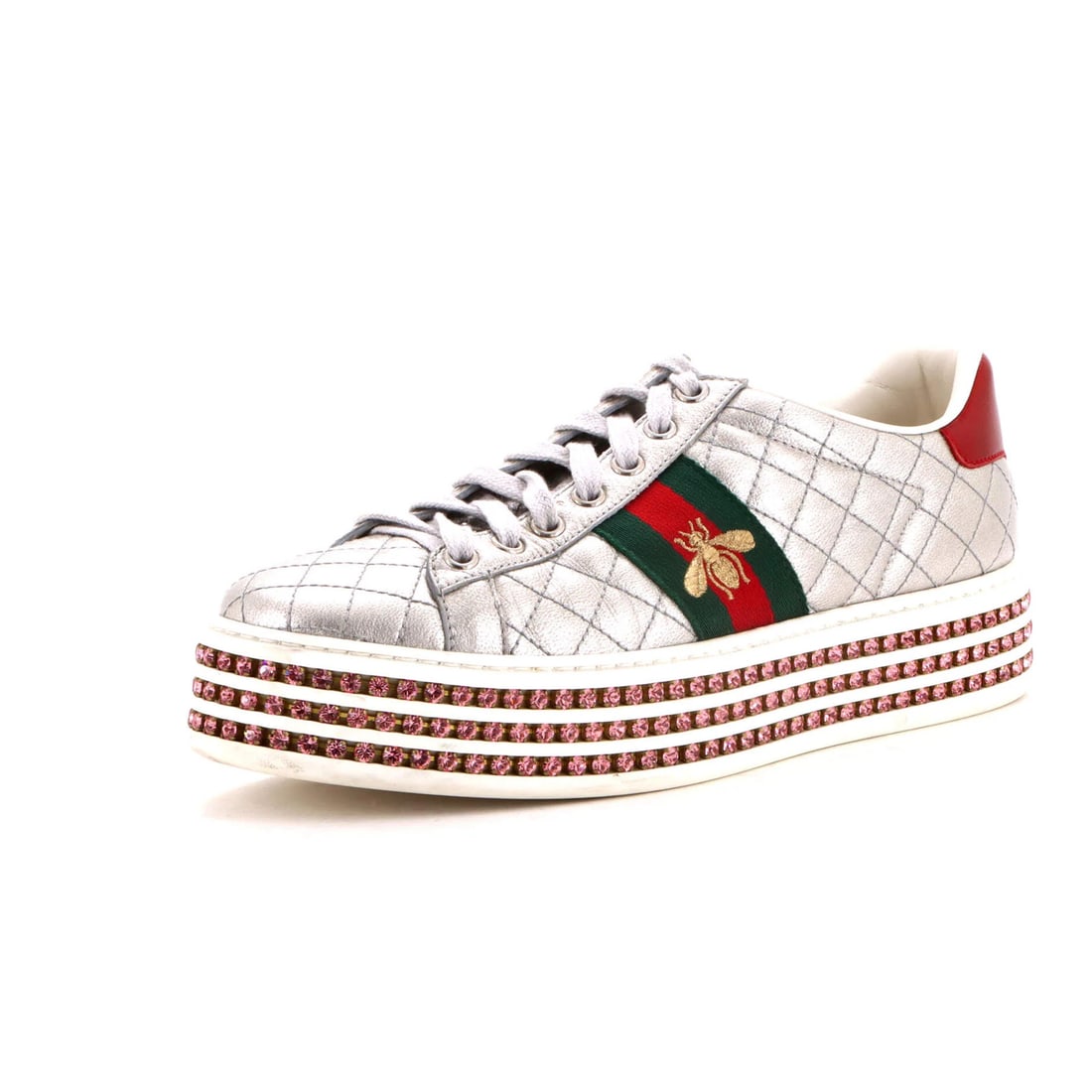 Crystals Gucci Women's Ace Web Platform Sneakers Quilted Leather with: Crystals Gucci Women's Ace Web Platform Sneakers Quilted Leather with Elevate your shoe game with the iconic Gucci Ace Web Platform Sneakers, boasting crystal-encrusted details that add a touch of lux