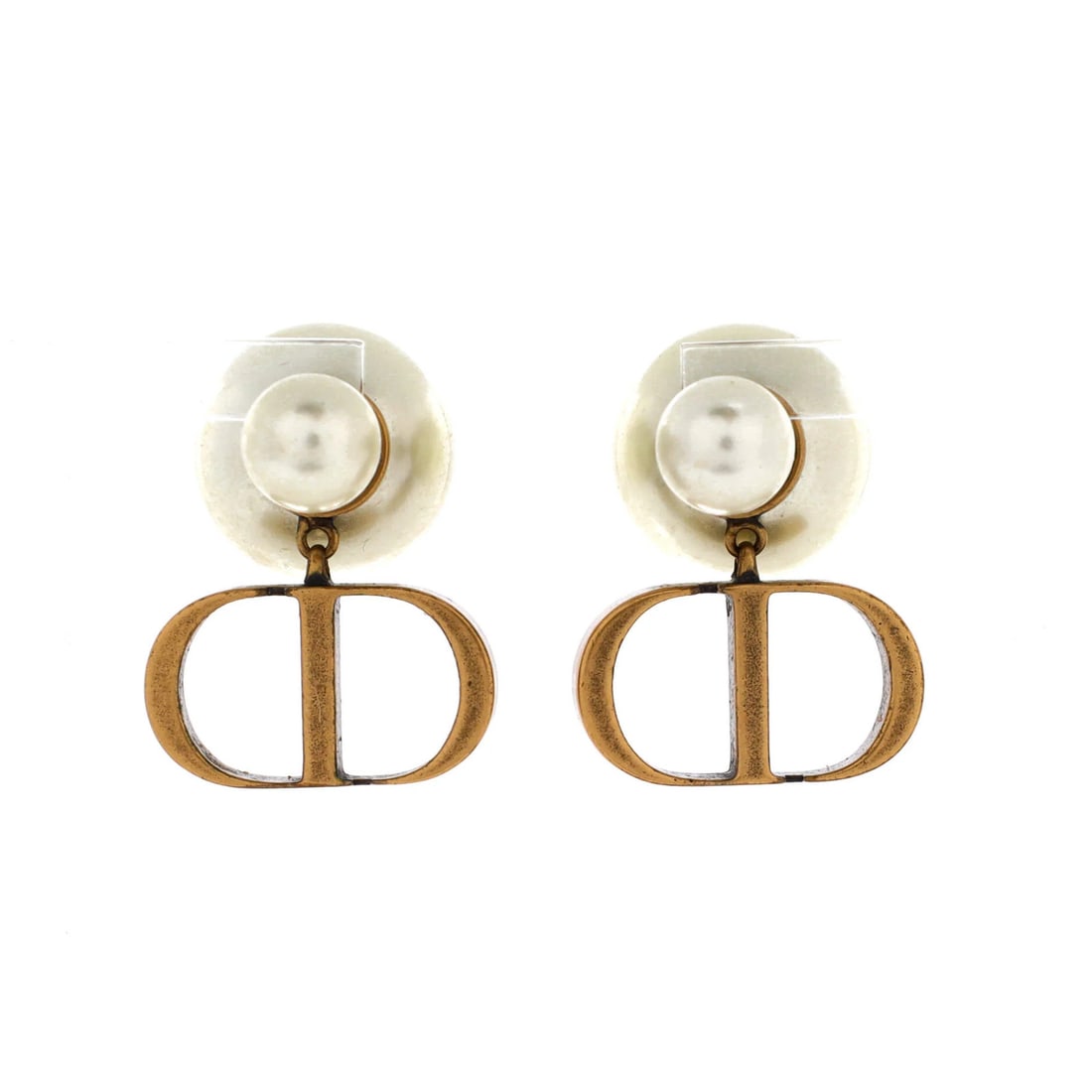 Christian Dior CD Tribales Stud Earrings in Metal with Faux Pearls: Christian Dior CD Tribales Stud Earrings in Metal with Faux Pearls Elevate your style with the iconic Christian Dior CD Tribales Stud Earrings, boasting sleek gold metal and intricate faux pearl