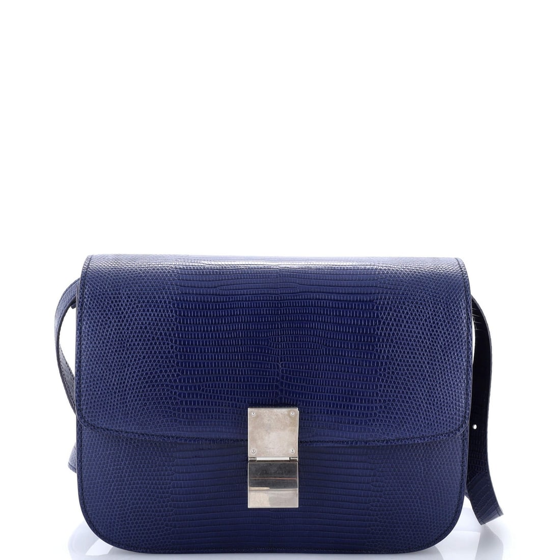 Celine Classic Medium Box Bag in Lizard: Celine Classic Medium Box Bag in Lizard Experience the timeless elegance of Celine's Classic Box Bag in Lizard, boasting a striking blue hue and premium lizard exterior that exudes sophistication.