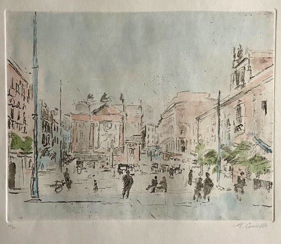 Watercolor Etching - MICHELE CASCELLA: Watercolor Etching - MICHELE CASCELLA Experience the beauty of Italian artistry with this stunning watercolor etching by MICHELE CASCELLA, featuring her signature "Italian Square" style. This 90-ex.