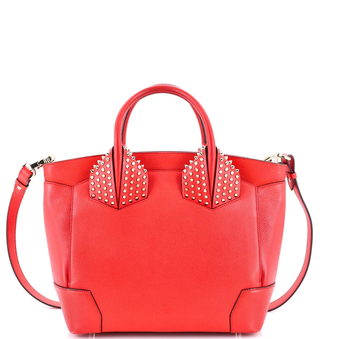 Christian Louboutin Large Spiked Leather Eloise Satchel: Christian Louboutin Large Spiked Leather Eloise Satchel Elevate your style with the iconic Christian Louboutin Large Spiked Leather Eloise Satchel, boasting bold red exterior and sleek microfiber