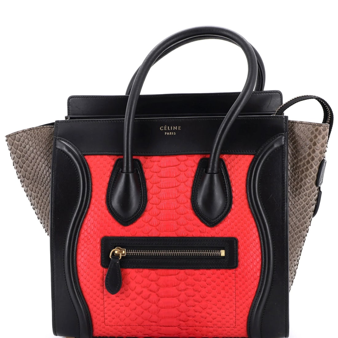 Celine Python and Leather Luggage Micro Bag: Celine Python and Leather Luggage Micro Bag Elevate your travel style with the luxurious Celine Python and Leather Micro Bag, boasting sleek red exterior and rich black interior. Crafted from