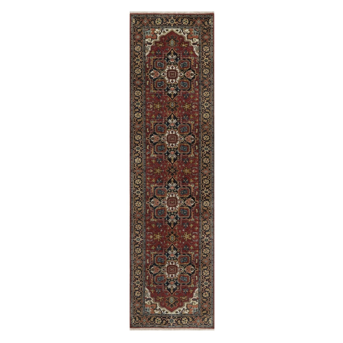 Revival 2'8"x10' Ruby Red Hand Knotted Wool Rug Runner Antiqued Fine Heris: Revival 2'8"x10' Ruby Red Hand Knotted Wool Rug Runner Antiqued Fine Heris Experience the rich heritage of India with this stunning Revival Heris hand-knotted wool rug runner, boasting a vibrant ruby