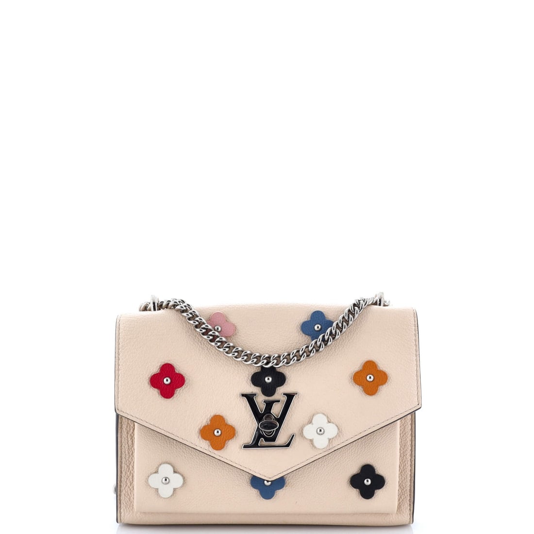 Louis Vuitton Mylockme Handbag - Flower Embellished Leather BB: Louis Vuitton Mylockme Handbag - Flower Embellished Leather BB The Louis Vuitton Mylockme Handbag is a stunning, multicolored beauty with intricate flower embellishments on its leather exterior,