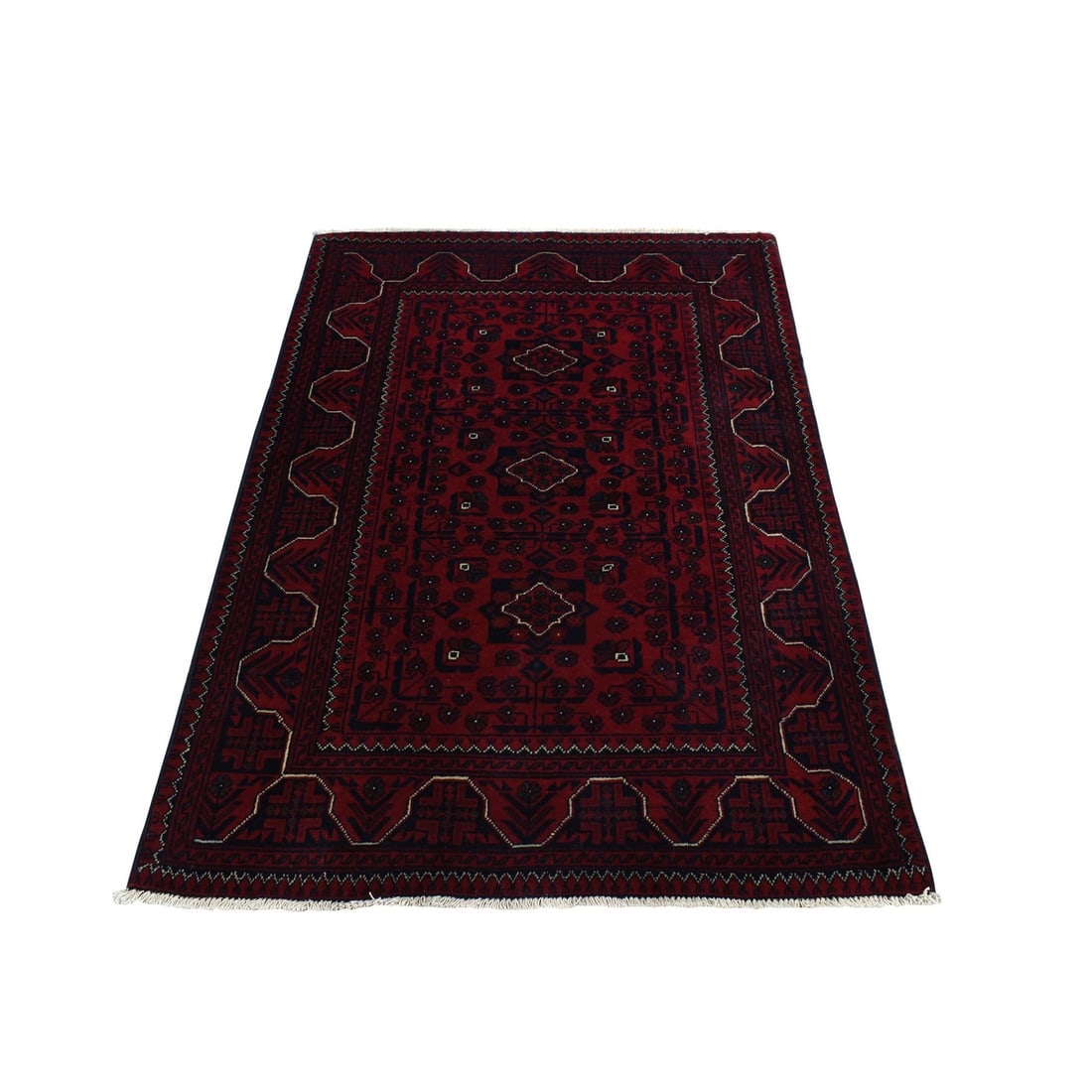 Afghan Khamyab 100% Wool Hand-Knotted Red Rug (3'4"x4'8"): Afghan Khamyab 100% Wool Hand-Knotted Red Rug (3'4"x4'8") Experience the rich beauty of Afghan craftsmanship with this stunning 100% wool hand-knotted red rug, expertly woven in the traditional