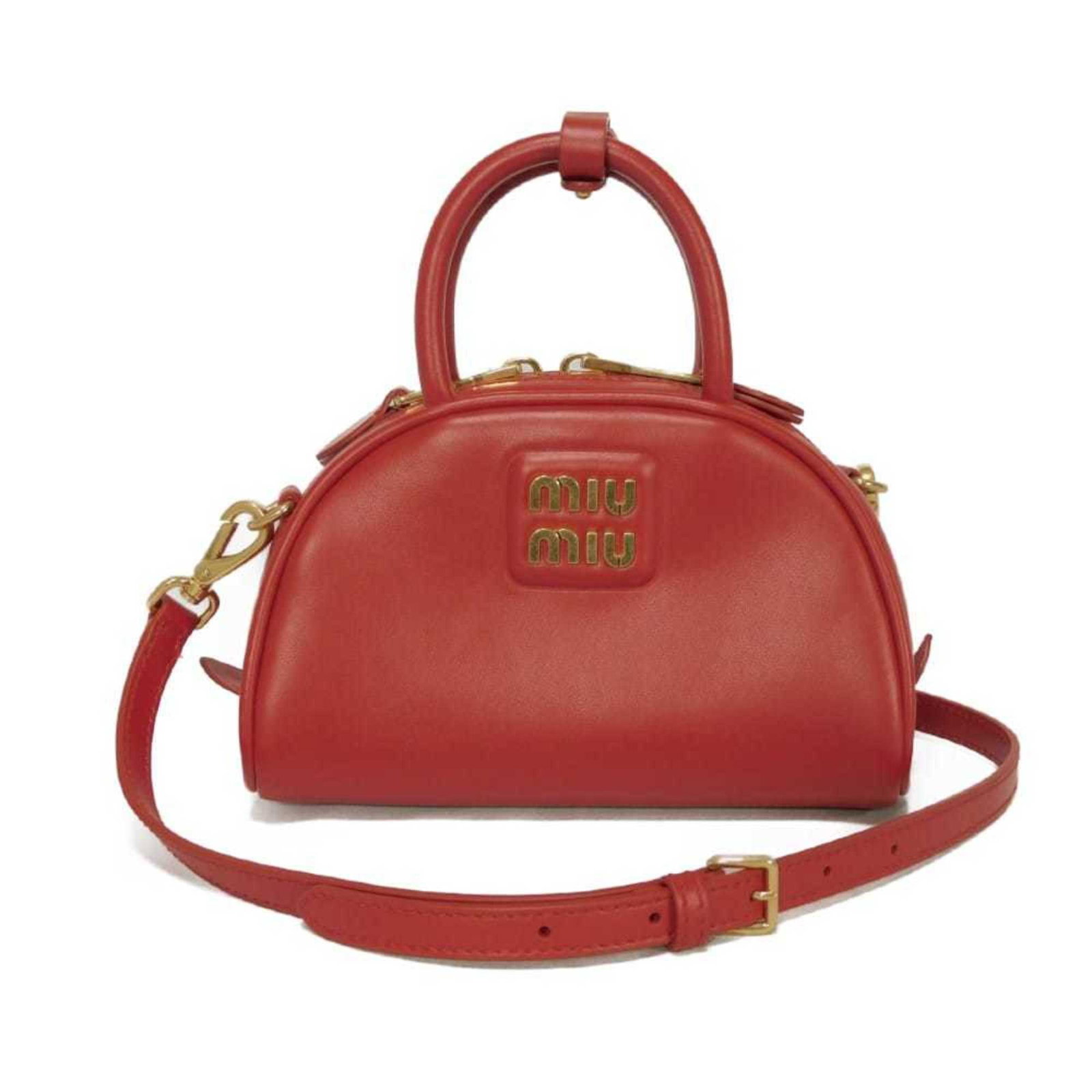 Miu Leather Shoulder Bag: Miu Leather Shoulder Bag Elevate your style with the chic Miu Leather Shoulder Bag, crafted from rich calfskin leather in a bold red hue. The gold hardware and sleek zipper closure add a touch of