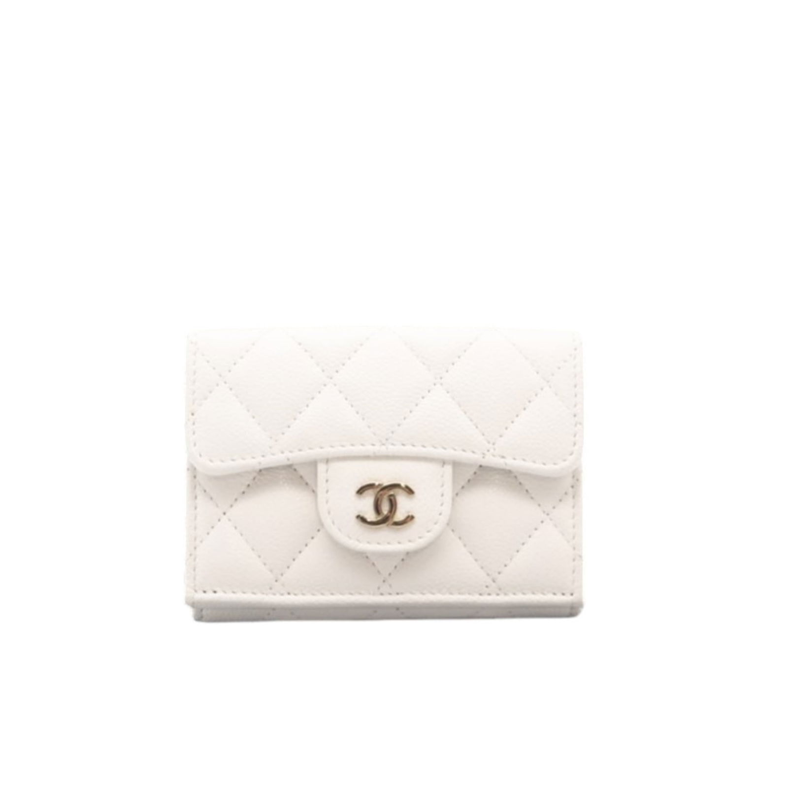 Chanel Tri-Fold Wallet in Grained Calfskin Leather: Chanel Tri-Fold Wallet in Grained Calfskin Leather A timeless piece from the iconic Chanel brand, this tri-fold wallet is crafted from high-quality grained calfskin leather and boasts a sleek, white