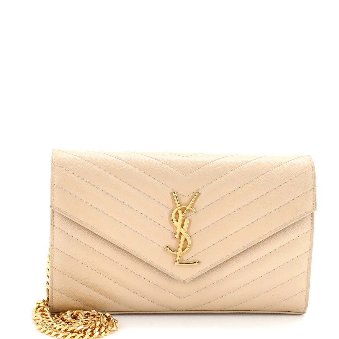 Saint Laurent Classic Monogram Wallet on Chain with Matelasse Chevron Leather in Medium: Saint Laurent Classic Monogram Wallet on Chain with Matelasse Chevron Leather in Medium The Saint Laurent Classic Monogram Wallet on Chain is a timeless piece that exudes effortless chic, thanks to