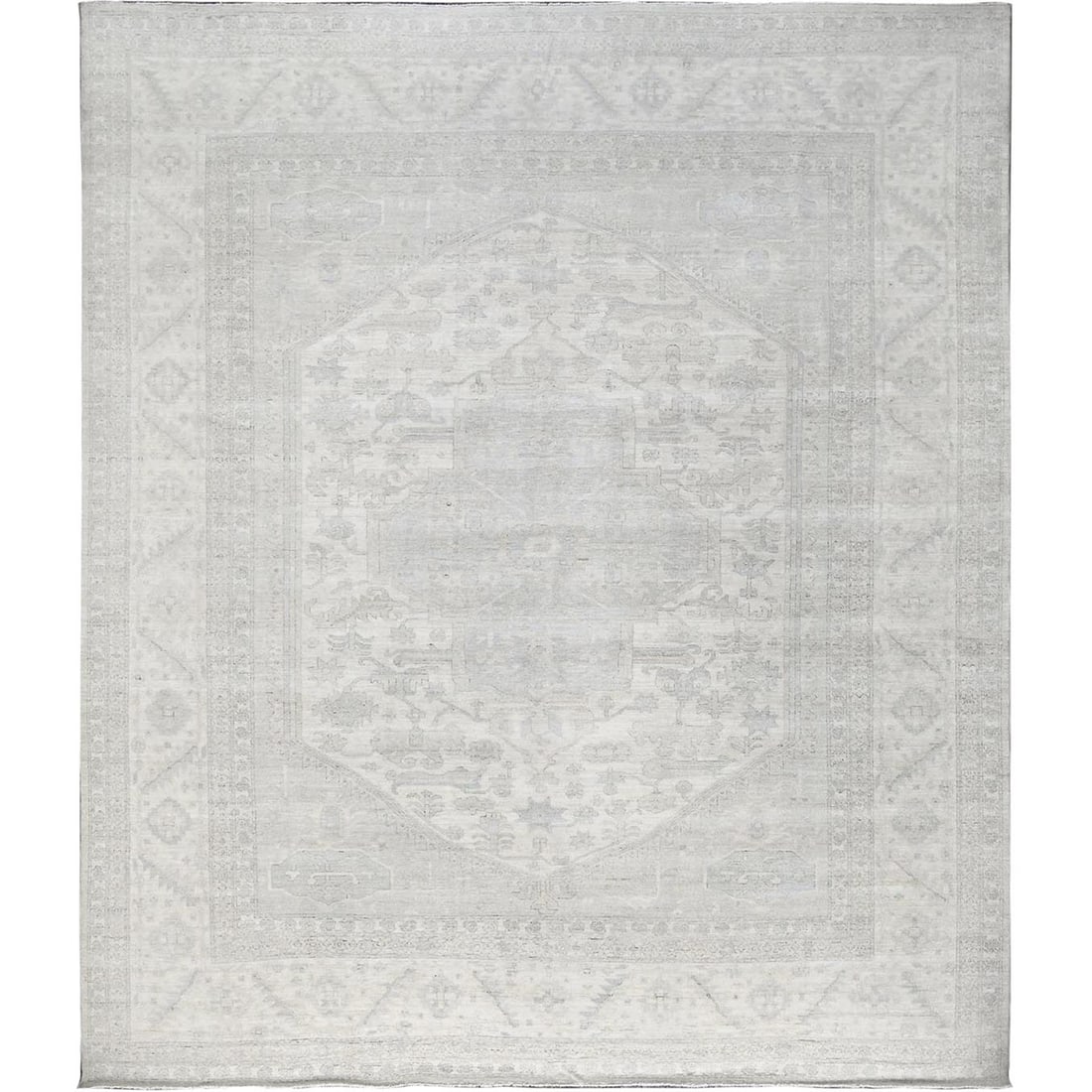 Rug 11'10"x14'7" White Wash Peshawar with Heris Design Hand Knotted Wool XL: Rug 11'10"x14'7" White Wash Peshawar with Heris Design Hand Knotted Wool XL Experience the timeless beauty of Afghan craftsmanship with this stunning Heris-style rug, hand-knotted from rich wool and