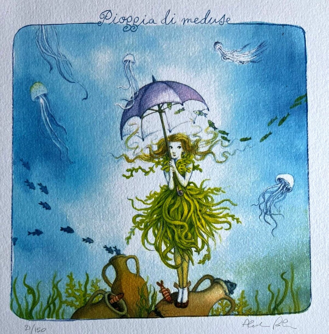 Numbered Alessandra Roberti Lithograph Mixed Technique: Numbered Alessandra Roberti Lithograph Mixed Technique Alessandra Roberti's stunning mixed technique lithograph, "Rain of jellyfish", is a unique and captivating piece that showcases her artistic