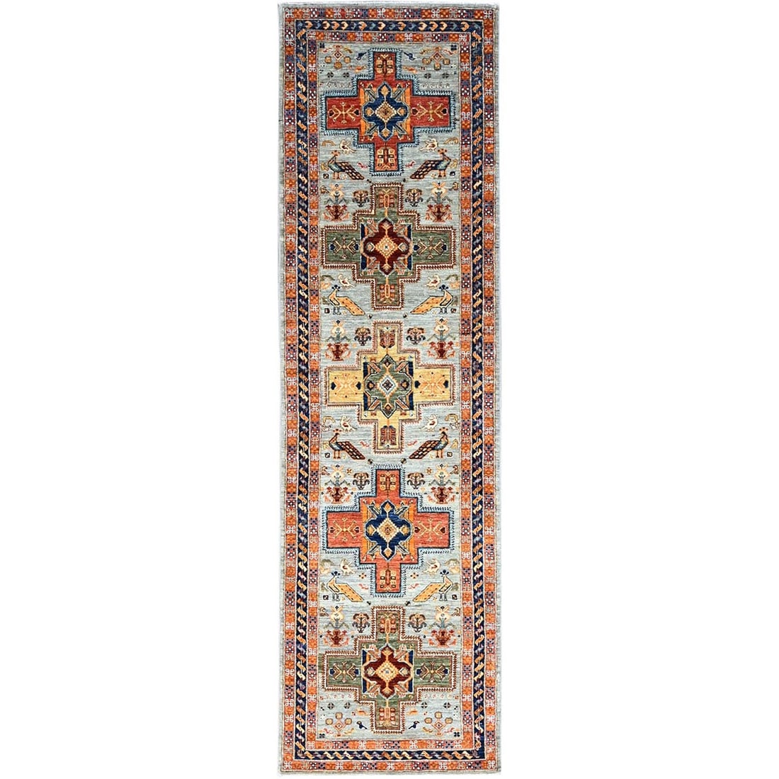 Rug 2'8"x9'8" Gray With Small Bird Figurines Vegetable Dyes Runner Oriental: Rug 2'8"x9'8" Gray With Small Bird Figurines Vegetable Dyes Runner Oriental Experience the rich cultural heritage of Afghanistan in this stunning, hand-knotted wool rug, measuring 9'8" x 2'8". The