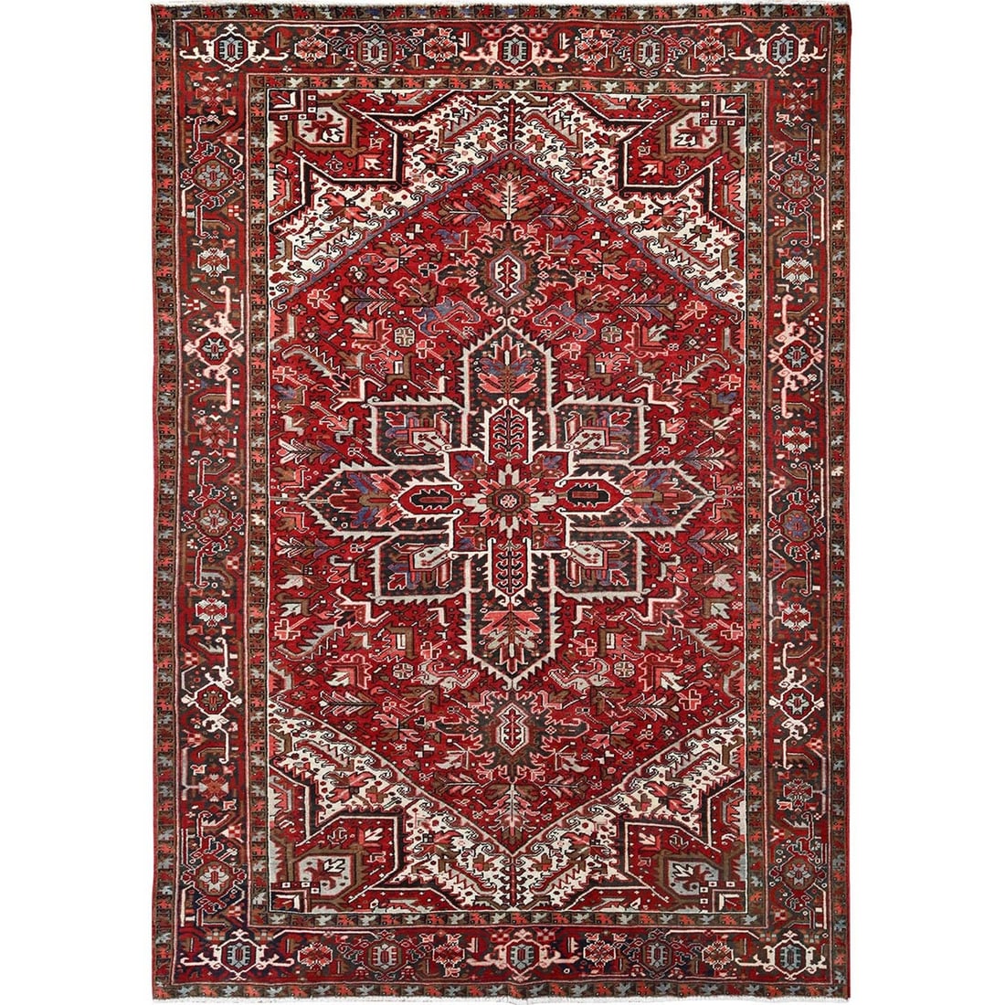 Vintage 7'9"x10'10" Red Pure Wool Heris Zoroastrian Hand-Knotted Rug: Vintage 7'9"x10'10" Red Pure Wool Heris Zoroastrian Hand-Knotted Rug Experience the rich history and cultural heritage of Turkey with this stunning vintage 7'9"x10'10" Red Pure Wool Heris Zoroastrian