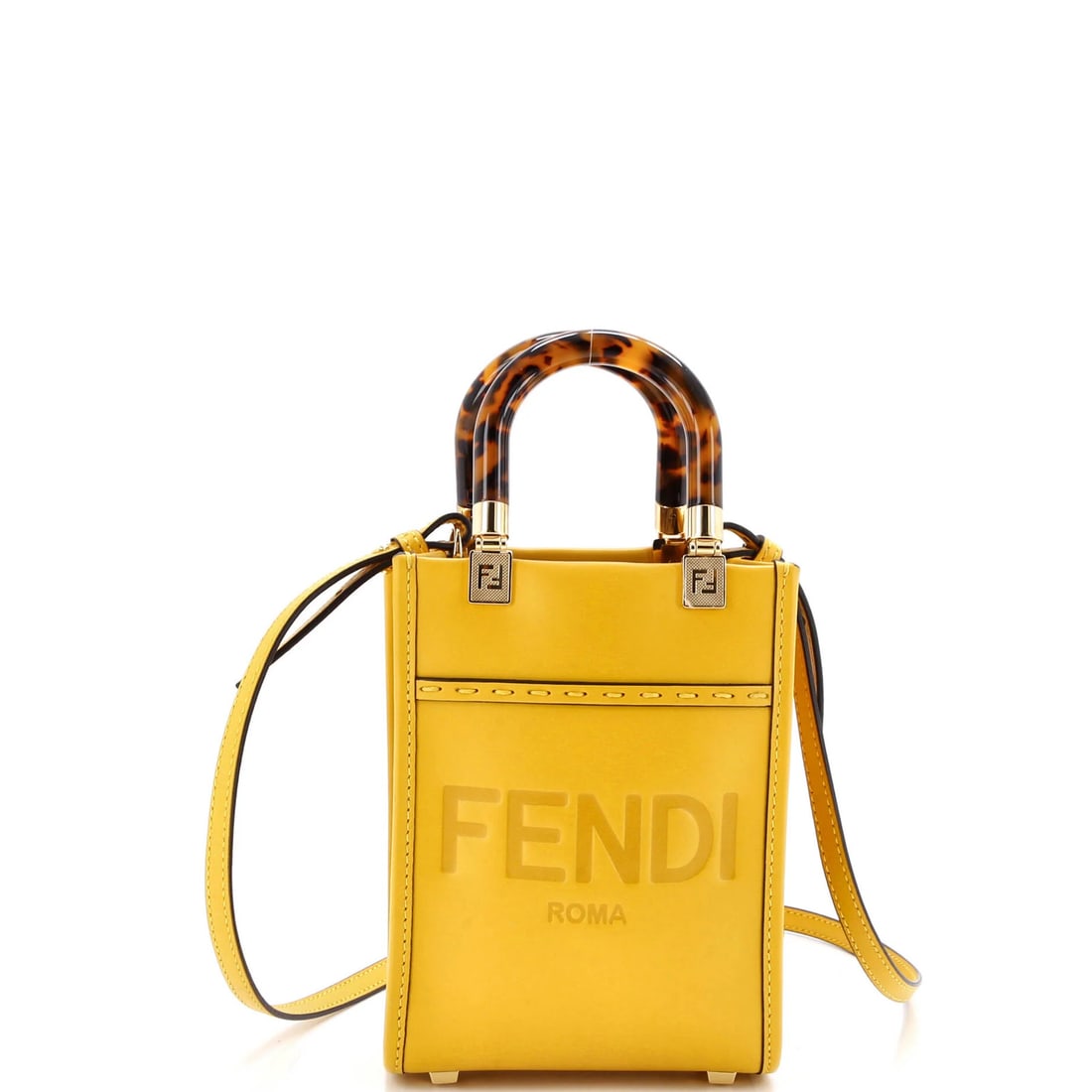 Fendi Sunshine Mini Leather Tote: Fendi Sunshine Mini Leather Tote Elevate your everyday style with the iconic Fendi Sunshine Mini Leather Tote, boasting a vibrant yellow exterior and rich brown interior. This chic cross-body bag is