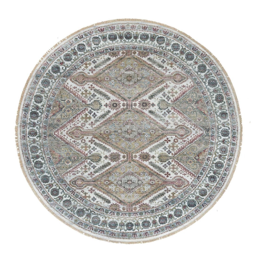 Rug 8'x8' Pearl White Hand Knotted Unique Flower Rosettes Border Round: Rug 8'x8' Pearl White Hand Knotted Unique Flower Rosettes Border Round Experience the timeless beauty of Indian craftsmanship with this stunning 8'x8' pearl white hand-knotted rug, featuring