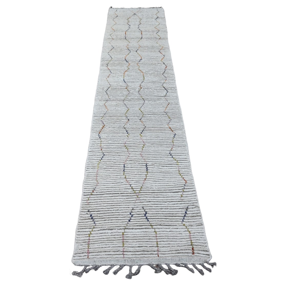 Rug 2'3"x10'5" White Moroccan Weave Line Design Wool Hand Knotted Runner: Rug 2'3"x10'5" White Moroccan Weave Line Design Wool Hand Knotted Runner Experience the timeless beauty of traditional Moroccan craftsmanship with this stunning hand-knotted wool runner, expertly