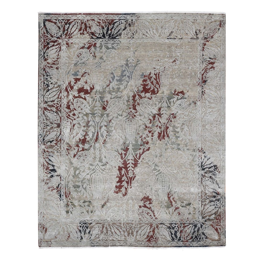 Beige Tulip Design Silk & Wool Hand-Knotted 8'2"x10'3" Rug: Beige Tulip Design Silk & Wool Hand-Knotted 8'2"x10'3" Rug Experience the timeless beauty of Indian craftsmanship in this stunning Beige Tulip Design Silk & Wool Hand-Knotted rug, expertly woven with