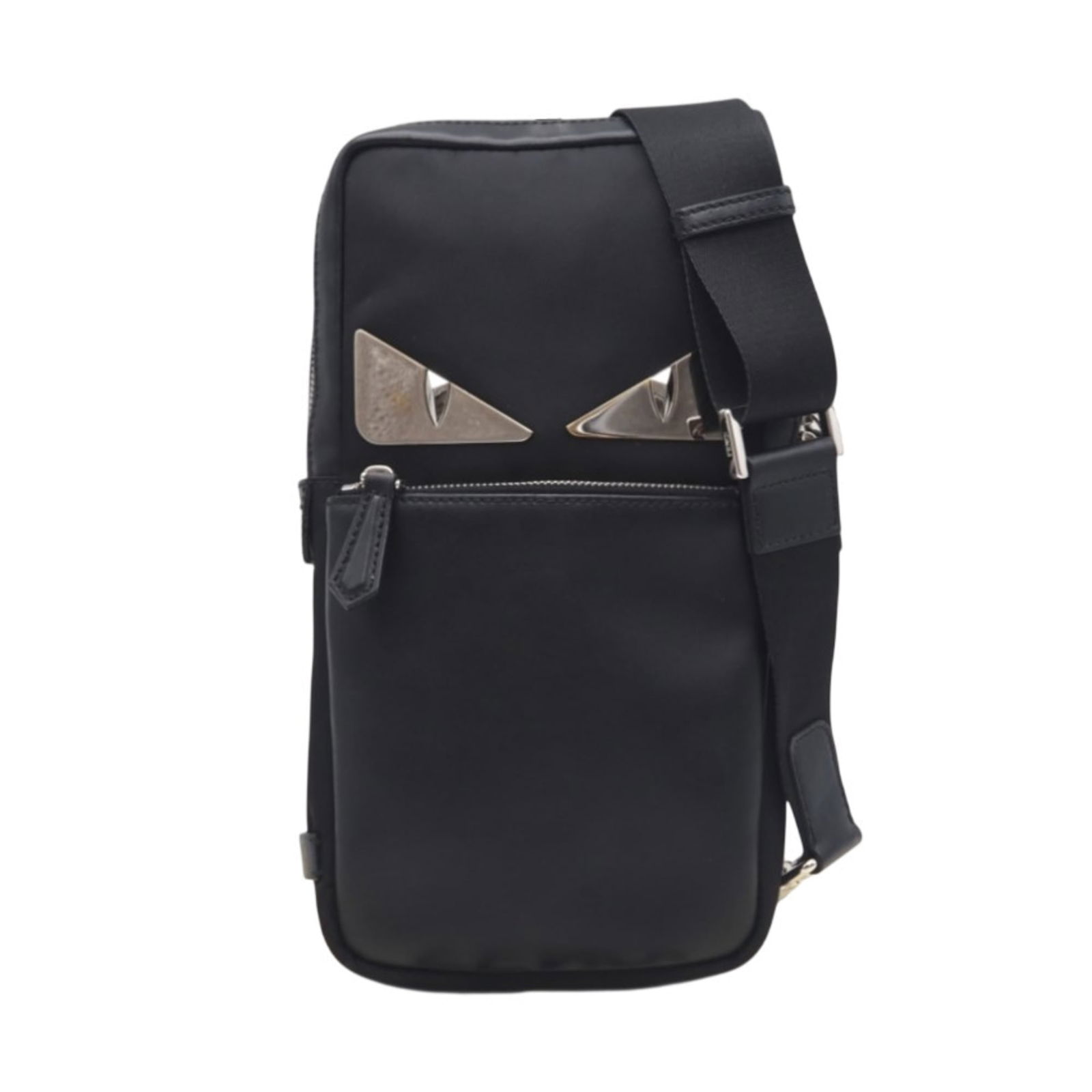 Fendi Sling Bag in Nylon and Leather: Fendi Sling Bag in Nylon and Leather A sleek and stylish Fendi sling bag, crafted from durable nylon and supple leather, is up for grabs. With its classic design and versatile size, this black bag is