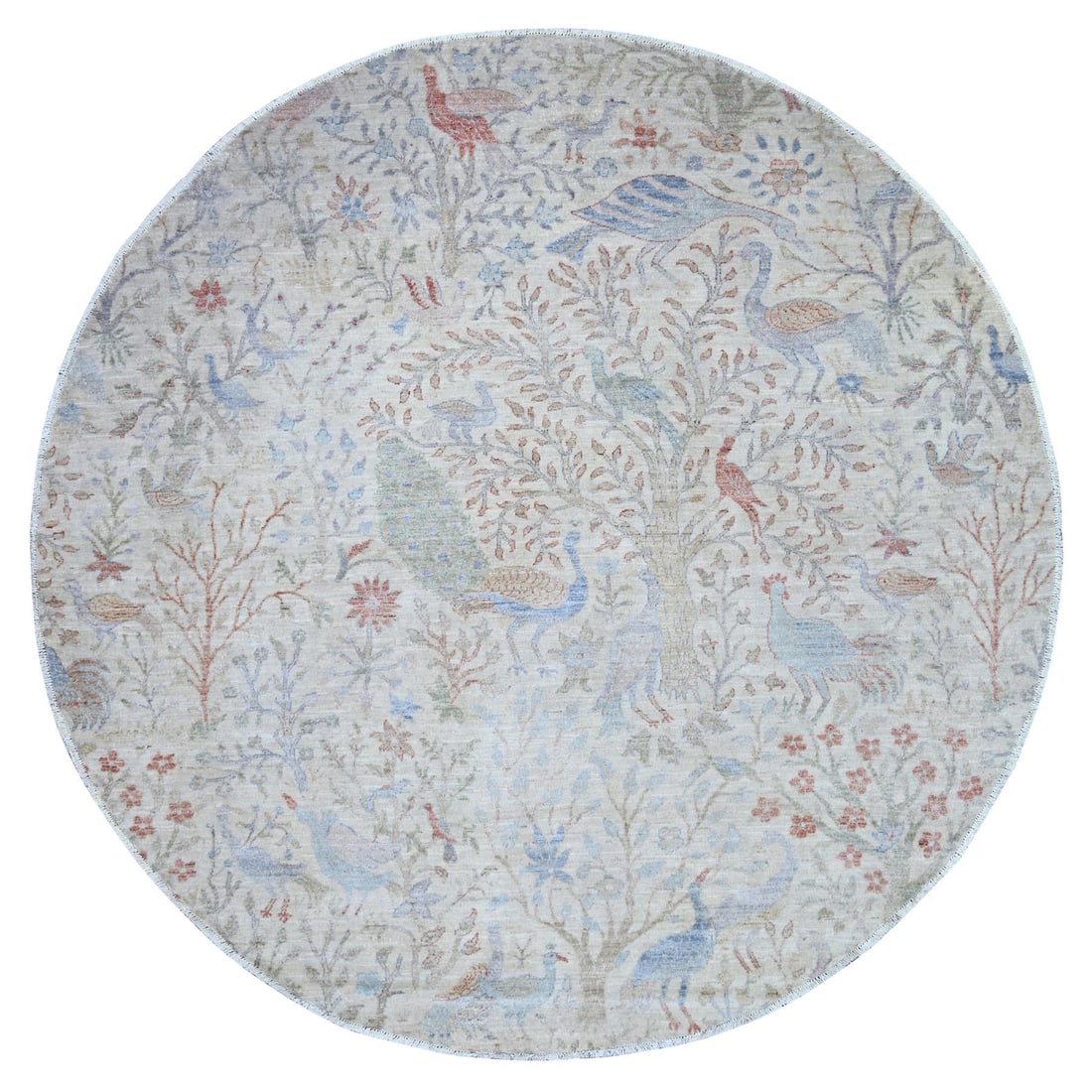 Rug 8'x8' Lexicon Ivory Afghan Peshawar Organic Wool Hand Knotted Round: Rug 8'x8' Lexicon Ivory Afghan Peshawar Organic Wool Hand Knotted Round Experience the timeless beauty of traditional Afghan craftsmanship with this exquisite 8'x8' Lexicon Ivory Afghan Peshawar