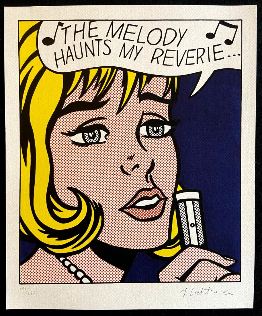 Numbered Roy Lichtenstein Lithograph: Numbered Roy Lichtenstein Lithograph Experience the iconic style of Roy Lichtenstein, master of pop art, with this rare 1986 lithograph titled "The Melody Persecutes My Dreams". Hand-numbered and sign