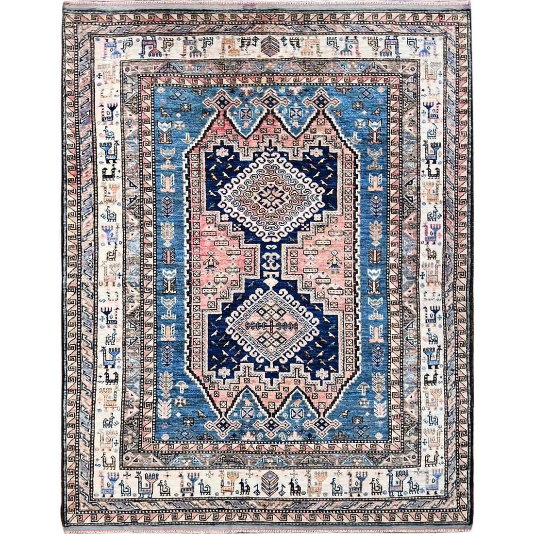 Rug 5'x6'3" Pink Afghan Caucasian Design Revival Hand Knotted Soft Wool: Rug 5'x6'3" Pink Afghan Caucasian Design Revival Hand Knotted Soft Wool Experience the rich beauty of traditional Afghan craftsmanship with this stunning 5'x6'3" hand-knotted wool rug, featuring a