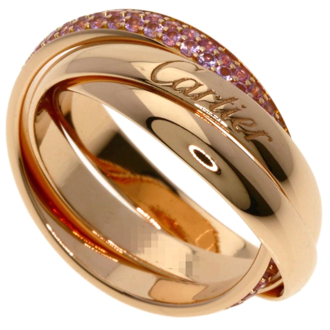CARTIER Trinity pink sapphire Ring K18 Gold: CARTIER Trinity pink sapphire Ring K18 Gold Experience the timeless elegance of Cartier with this stunning Trinity pink sapphire ring, set in 18k K18 gold. The vibrant pink sapphire is perfectly