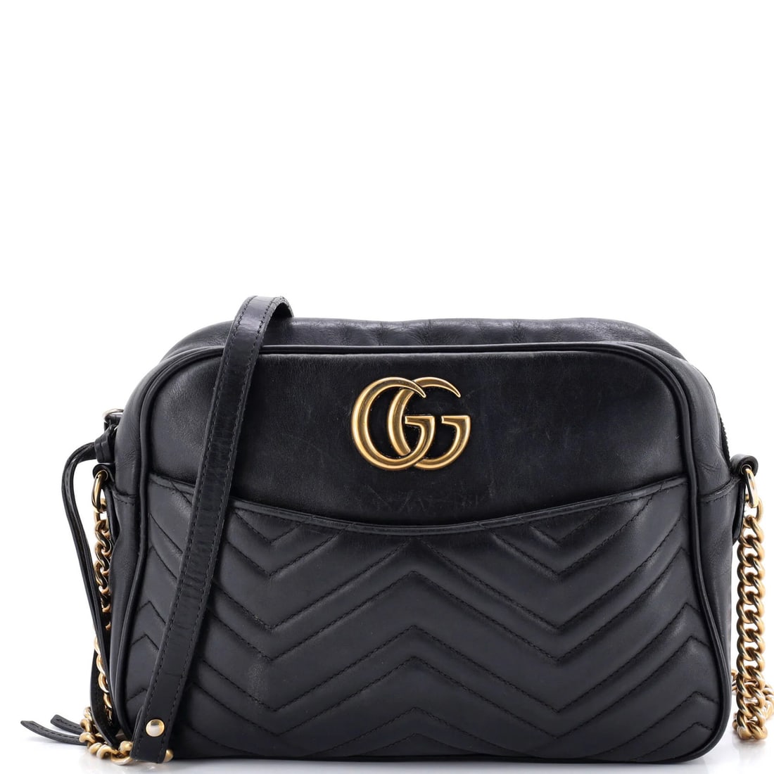 Gucci GG Marmont Shoulder Bag in Matelasse Leather, Medium: Gucci GG Marmont Shoulder Bag in Matelasse Leather, Medium The Gucci GG Marmont Shoulder Bag in Matelasse Leather is a timeless classic, boasting sleek black exterior and neutral interior with gold ha