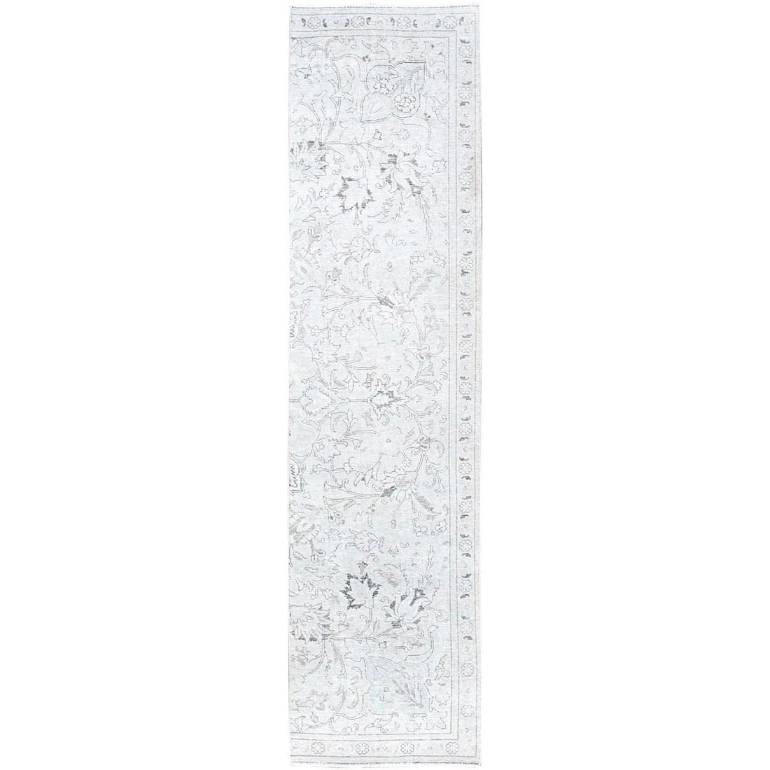Rug 2'6"x10' White Fragment Old Tebraz Hand Knotted Worn Pure Wool Runner: Rug 2'6"x10' White Fragment Old Tebraz Hand Knotted Worn Pure Wool Runner Experience the timeless beauty of a 1960s Turkish hand-knotted wool runner, carefully crafted with an oriental design and
