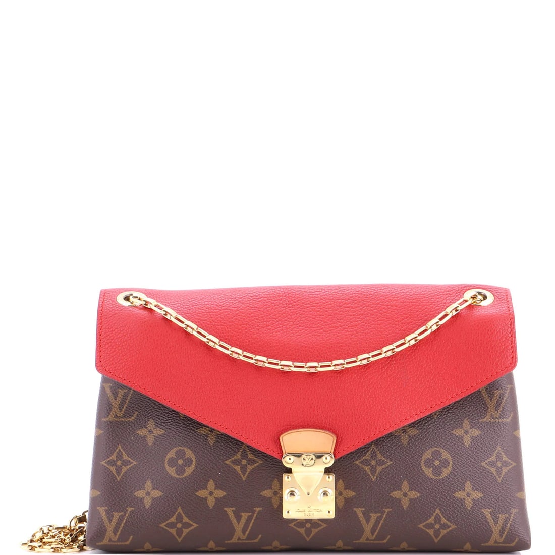 Louis Vuitton Pallas Chain Shoulder Bag - Monogram Canvas & Calfskin: Louis Vuitton Pallas Chain Shoulder Bag - Monogram Canvas & Calfskin Own the iconic style of Louis Vuitton with this stunning Pallas Chain Shoulder Bag, boasting a bold red monogram canvas exterior