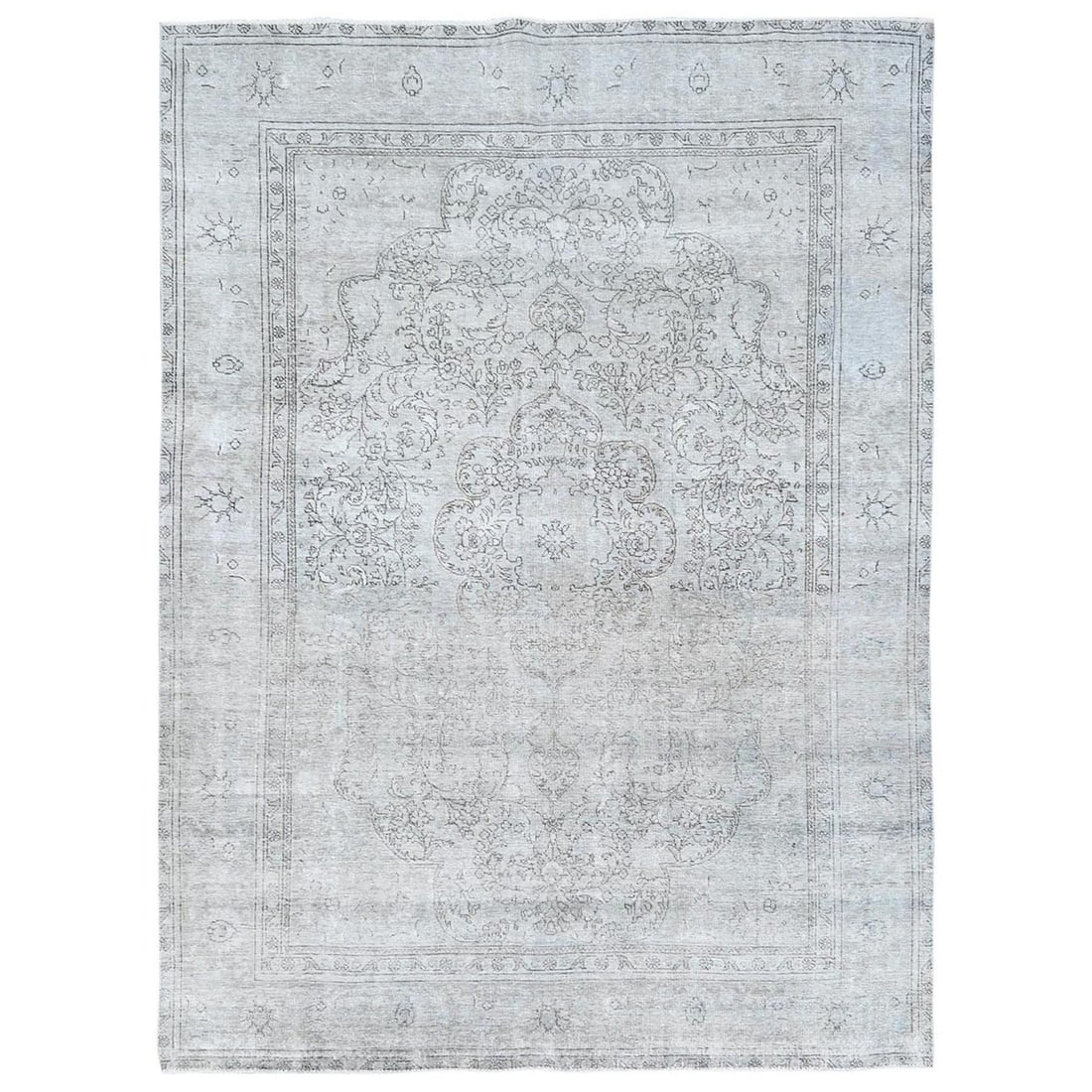 Rug 8'2"x11'2" Ivory Hand Knotted Vintage Farsian Tebraz Worn Wool: Rug 8'2"x11'2" Ivory Hand Knotted Vintage Farsian Tebraz Worn Wool Experience the timeless beauty of a vintage Farsian Tebraz rug, hand-knotted in worn wool and woven with traditional Turkish