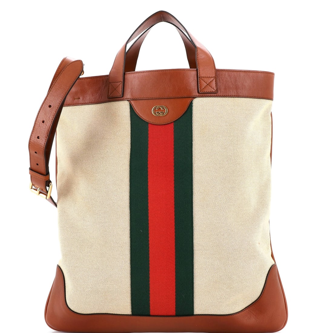 Gucci Vintage Web Canvas Shopping Tote - Large: Gucci Vintage Web Canvas Shopping Tote - Large Elevate your everyday style with this stunning Gucci vintage web canvas shopping tote, boasting a neutral exterior and vibrant green interior. The