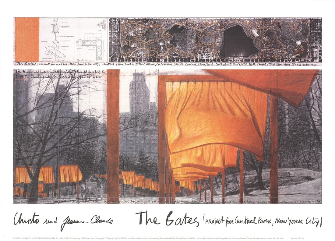 JAVACHEFF CHRISTO The Gates official poster 20.5" x 28" 2003 Contemp: JAVACHEFF CHRISTO The Gates official poster 20.5" x 28" 2003 Contemp Experience the iconic artwork of Christo Javacheff with his official poster for "The Gates," a 2003 masterpiece that showcases the
