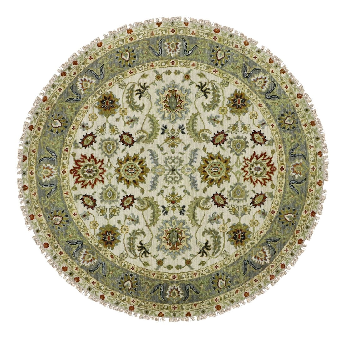 Rug 4'2"x4'2" White Agra Ziegler Design Pure Wool Hand Knotted Round: Rug 4'2"x4'2" White Agra Ziegler Design Pure Wool Hand Knotted Round Experience the timeless beauty of traditional Indian craftsmanship with this stunning 4'2"x4'2" white Agra Ziegler design pure