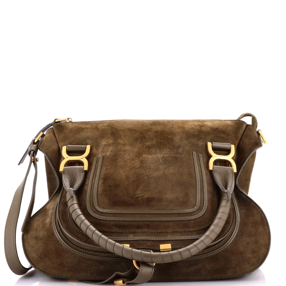 Chloe Marcie Medium Suede Shoulder Bag: Chloe Marcie Medium Suede Shoulder Bag The Chloe Marcie Medium Suede Shoulder Bag is a timeless piece of luxury, boasting rich green suede exterior and neutral interior, adorned with aged gold