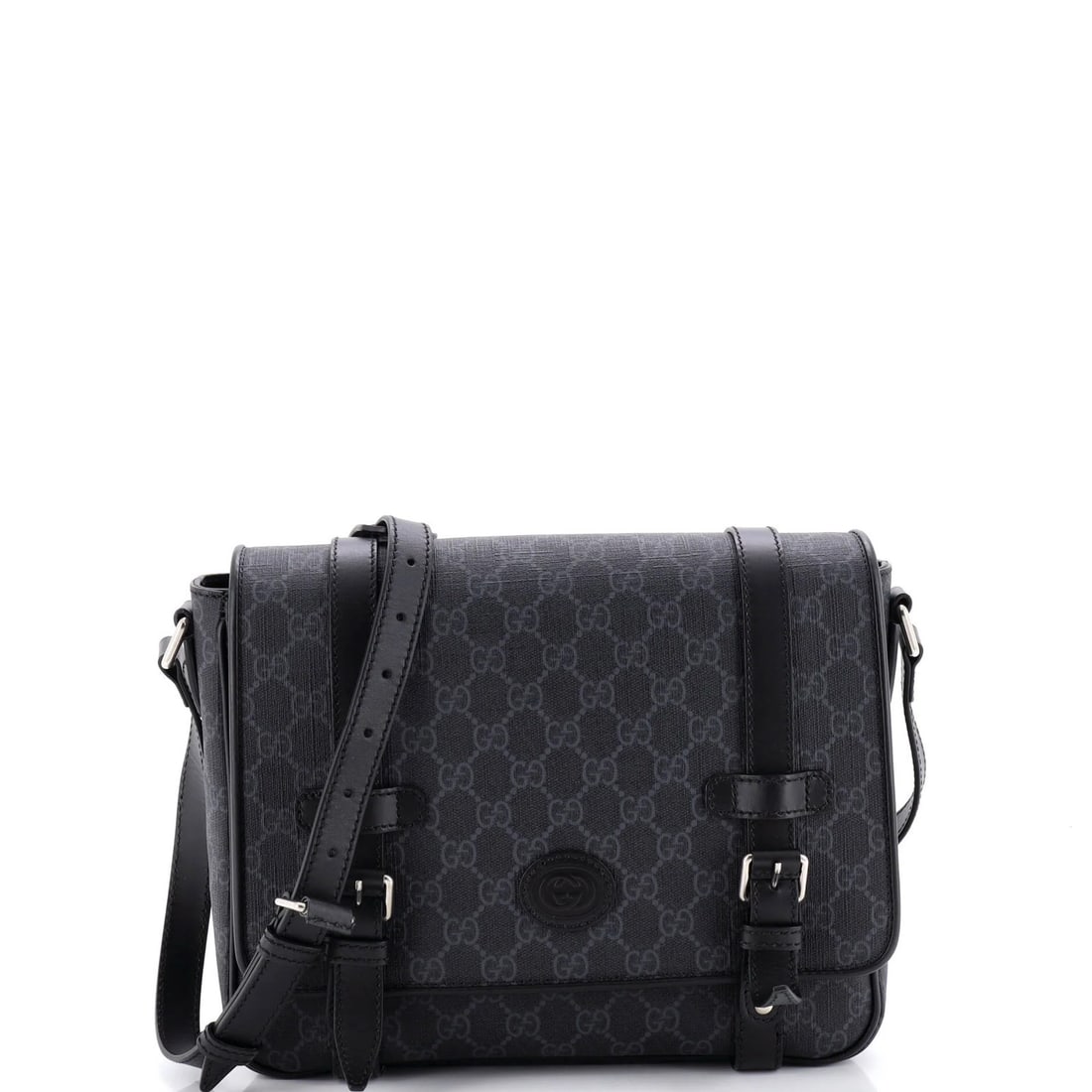 Gucci Interlocking G Patch Messenger Bag in Medium GG Coated Canvas and Leather: Gucci Interlocking G Patch Messenger Bag in Medium GG Coated Canvas and Leather Elevate your daily style with the iconic Gucci Interlocking G Patch Messenger Bag, crafted from medium GG Coated Canvas