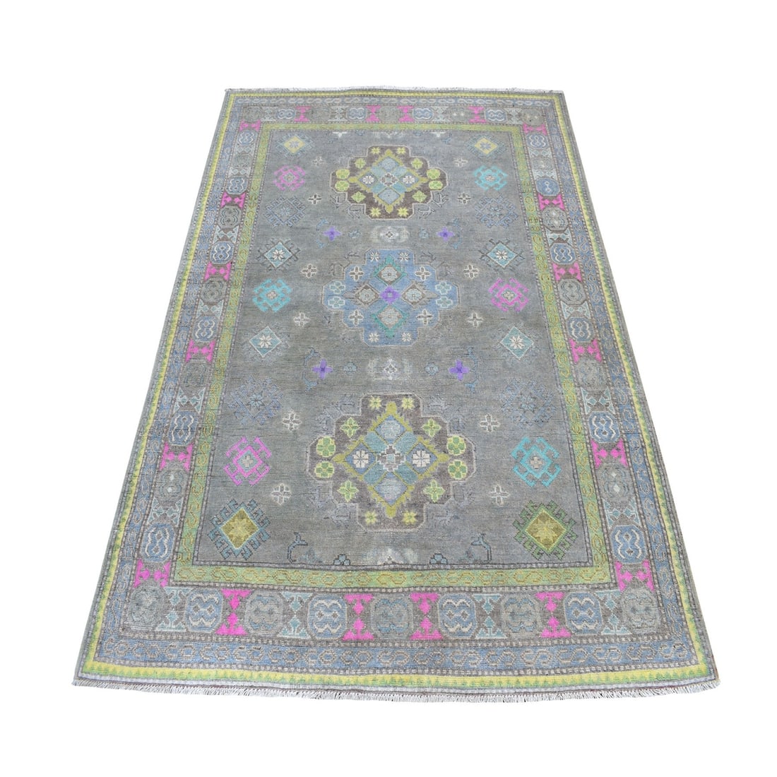 Rug 5'x6'6" Colorful Gray Fusion Kazak Pure Wool Hand Knotted Oriental: Rug 5'x6'6" Colorful Gray Fusion Kazak Pure Wool Hand Knotted Oriental Experience the rich beauty of traditional Afghan craftsmanship with this stunning 5'x6'6" Kazak-style rug, hand-knotted from 100%