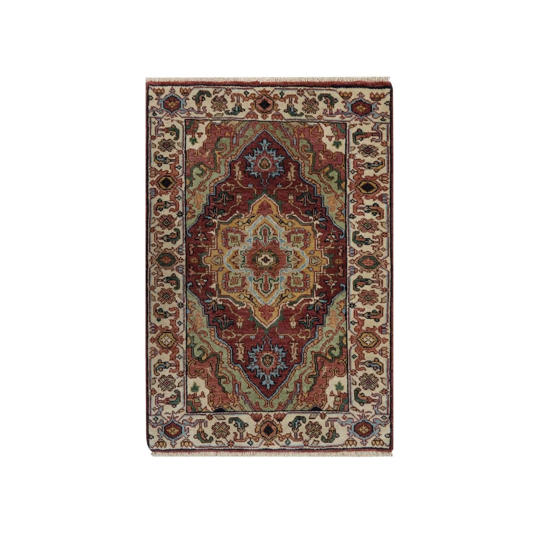 Rug 2'1"x3' Red Antiqued Fine Heris Hand Knotted New Zealand Wool Mat: Rug 2'1"x3' Red Antiqued Fine Heris Hand Knotted New Zealand Wool Mat Experience the rich heritage of India with this stunning, hand-knotted Heris rug from New Zealand wool. Featuring an intricate med