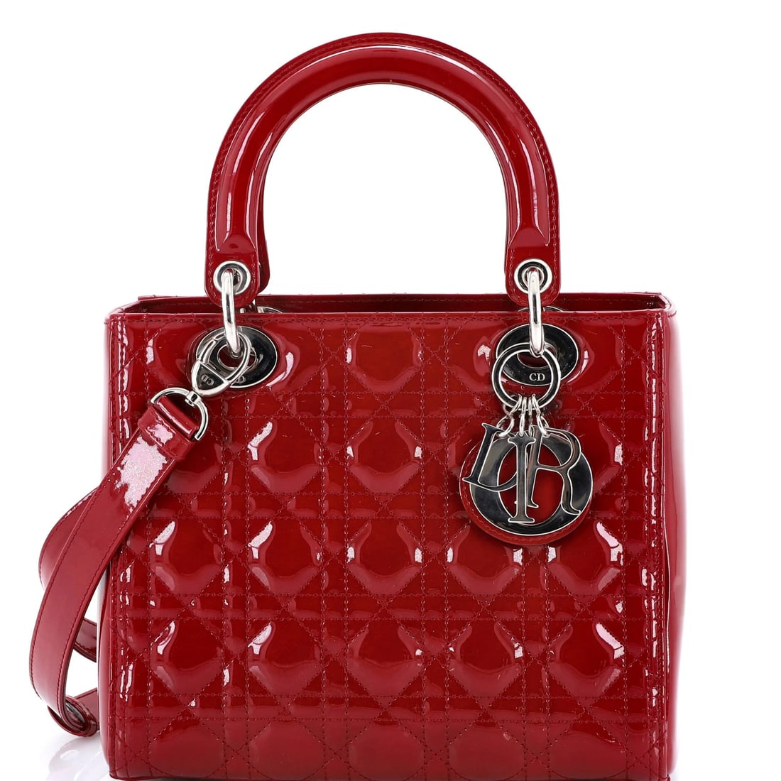 Christian Dior Lady Dior Bag - Cannage Quilt Patent Medium: Christian Dior Lady Dior Bag - Cannage Quilt Patent Medium The iconic Christian Dior Lady Dior Bag is a timeless masterpiece, boasting a striking Cannage Quilt Patent leather exterior in bold red