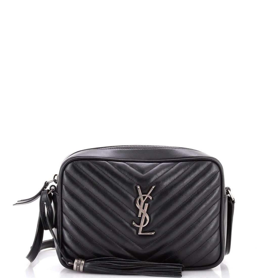 Saint Laurent Small Matelasse Chevron Leather Camera Bag: Saint Laurent Small Matelasse Chevron Leather Camera Bag Elevate your style with the Saint Laurent Small Matelasse Chevron Leather Camera Bag, boasting sleek black leather exterior and interior