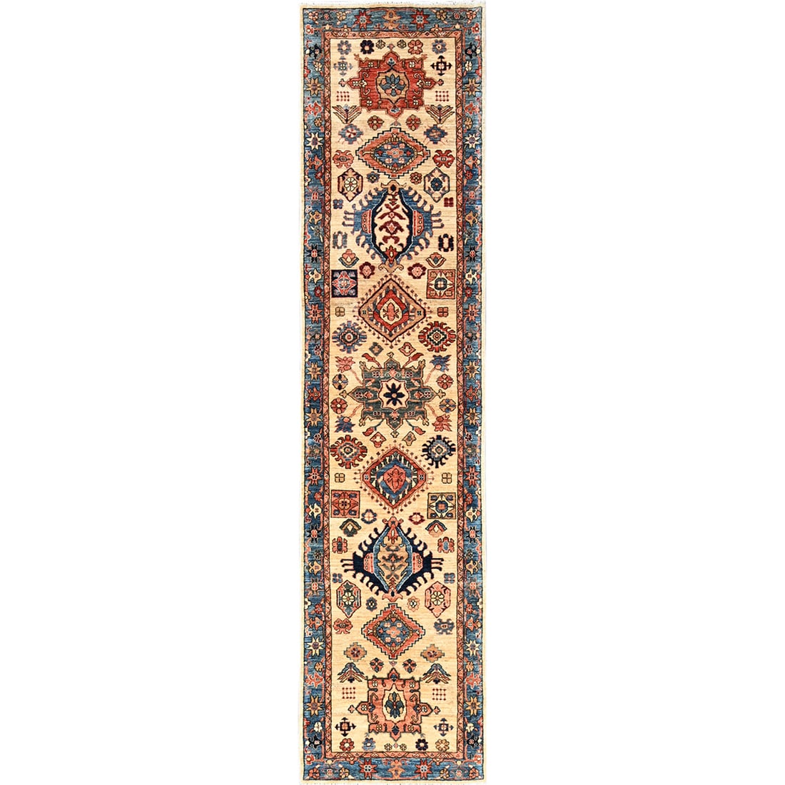 Rug 2'9"x11'9" Ivory Karjihooz Design Soft Wool Hand Knotted Runner: Rug 2'9"x11'9" Ivory Karjihooz Design Soft Wool Hand Knotted Runner Experience the rich beauty of Afghanistan's Karjihooz design, expertly woven into this stunning ivory wool hand-knotted runner.