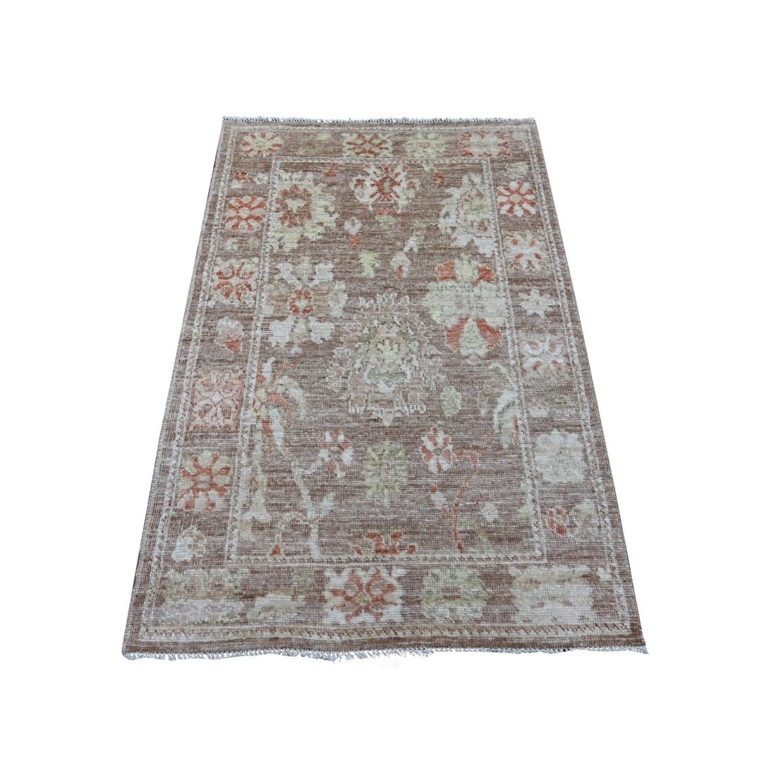 Wool 3'3"x5' Brown Afghan Angora Oushak with Leaf Design Hand Knotted: Wool 3'3"x5' Brown Afghan Angora Oushak with Leaf Design Hand Knotted Experience the rich craftsmanship of Afghanistan with this stunning Wool 3'3"x5' Brown Afghan Angora Oushak, hand-knotted with