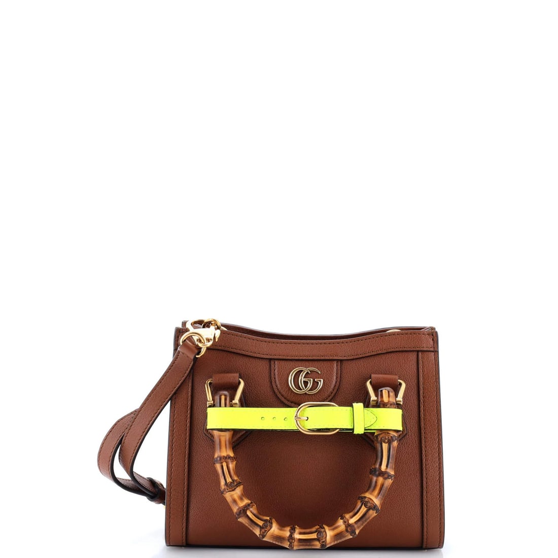 Gucci Diana Mini Tote with Bamboo Handle and Leather: Gucci Diana Mini Tote with Bamboo Handle and Leather Elevate your everyday style with the Gucci Diana Mini Tote, boasting a chic bamboo handle and sleek leather exterior in rich brown hues. This