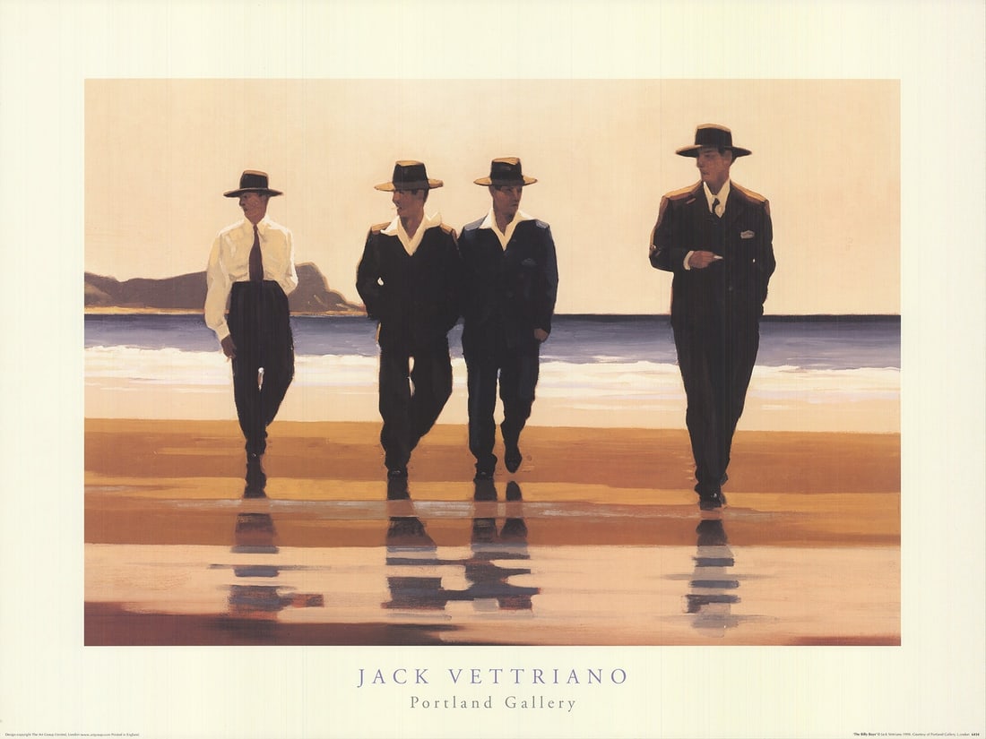 Brow JACK VETTRIANO The Billy Boys 23.75" x 31.5" Offset Lithograph 1998 Realism: Brow JACK VETTRIANO The Billy Boys 23.75" x 31.5" Offset Lithograph 1998 Realism A stunning piece of realism, Jack Vettriano's 'The Billy Boys' (1998) is a striking offset lithograph that captures the