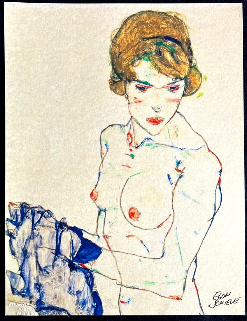Egon Schiele Lithograph from 'An Painting' (Numbered): Egon Schiele Lithograph from 'An Painting' (Numbered) Experience the haunting beauty of Egon Schiele's "Naked with Blue Guise", a stunning lithograph from 1978, printed in a limited edition of 180 spe