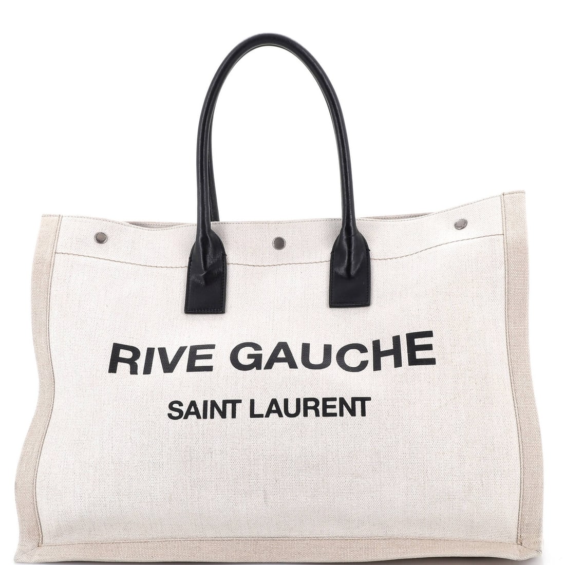 Large Saint Laurent Rive Gauche Shopper Tote Canvas: Large Saint Laurent Rive Gauche Shopper Tote Canvas Experience the timeless elegance of Saint Laurent's iconic Rive Gauche Shopper Tote, crafted from high-quality canvas in a neutral hue that
